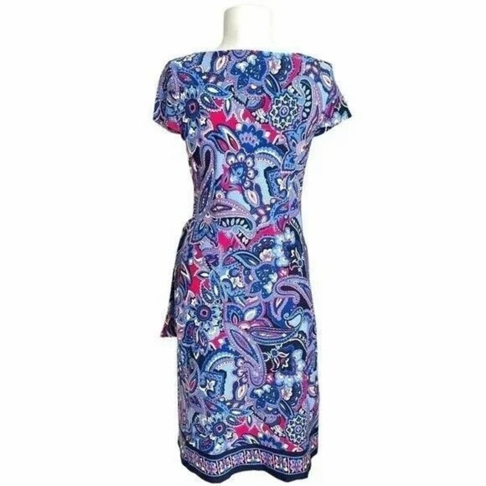 Talbots Boho Paisley Faux Wrap Shift Dress | Vibrant Pink & Blue Mod Jersey - M - Picture 5 of 8